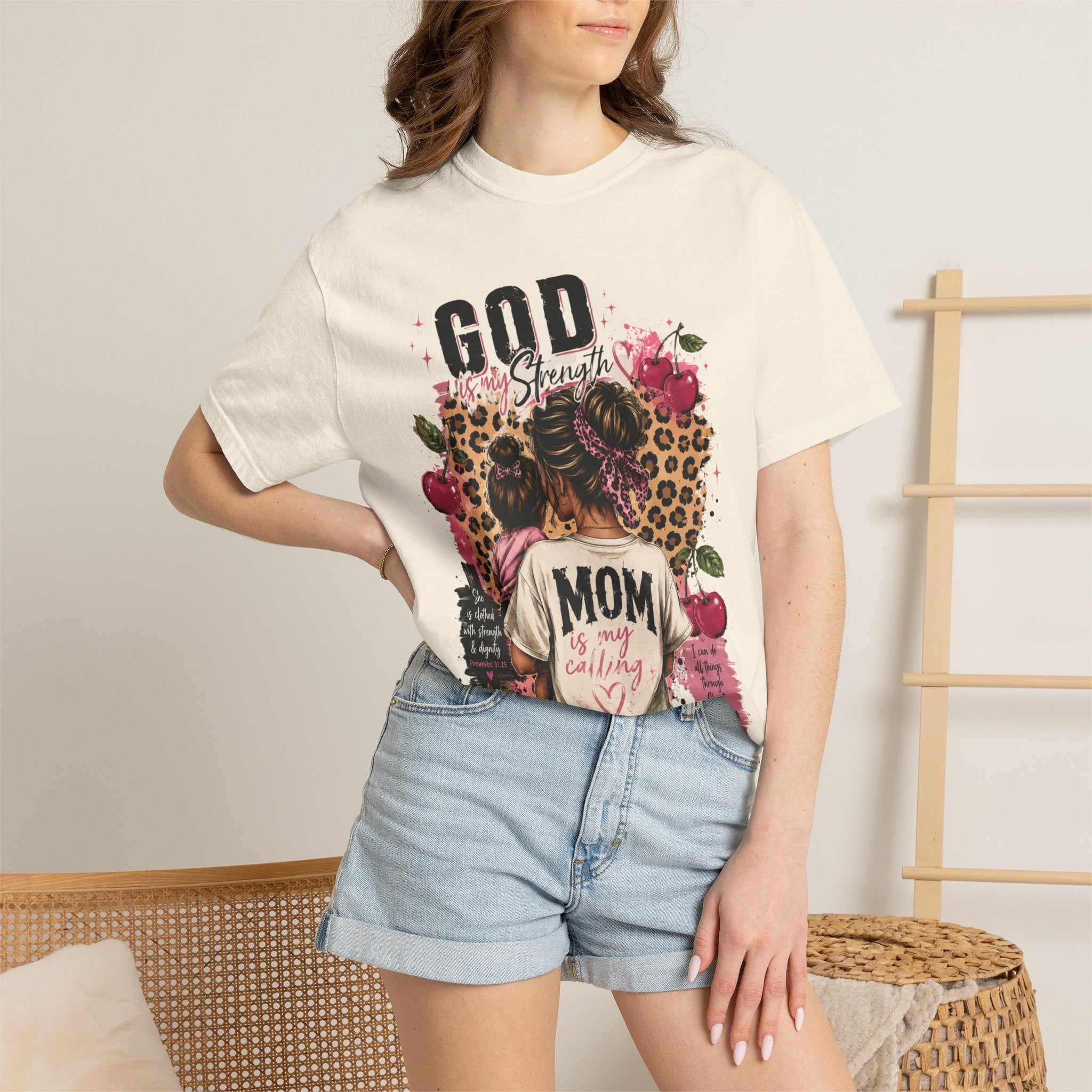 God is My Strength Mom Shirt | Mom Graphic T-shirt, Floral Leopard Back Design