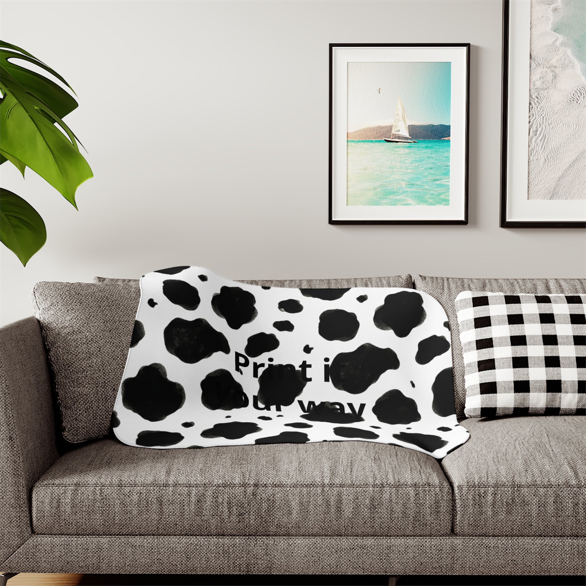 Cow Print Sherpa Blanket | Black White Animal Pattern, Cozy Throw