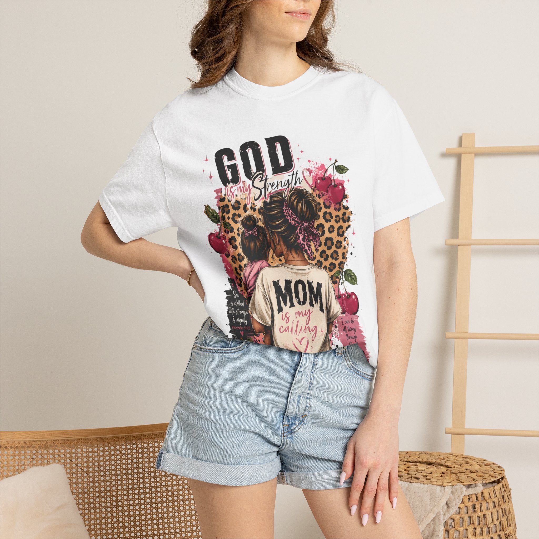 God is My Strength Mom Shirt | Mom Graphic T-shirt, Floral Leopard Back Design
