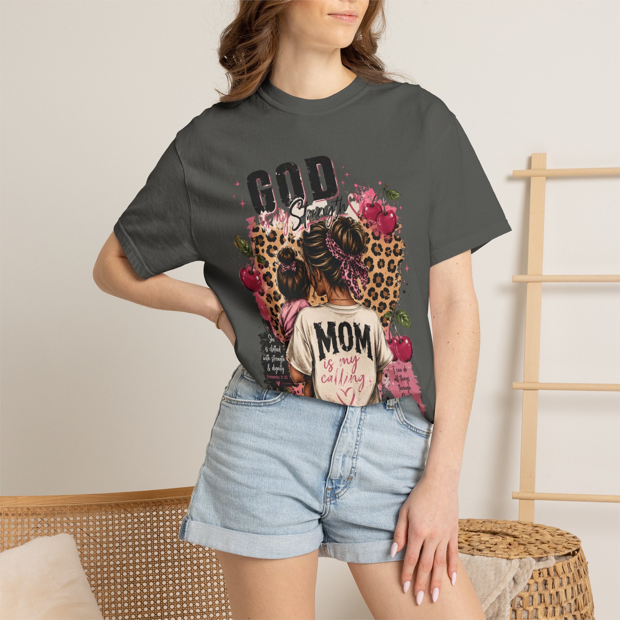 God is My Strength Mom Shirt | Mom Graphic T-shirt, Floral Leopard Back Design