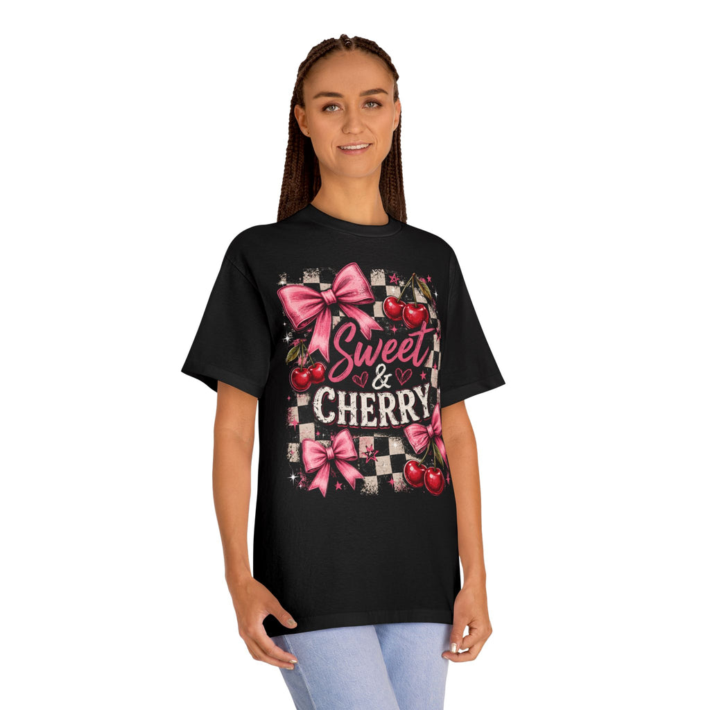 Sweet & Cherry Tee | Cherry Graphic T-Shirt, Pink Bows, Checkerboard