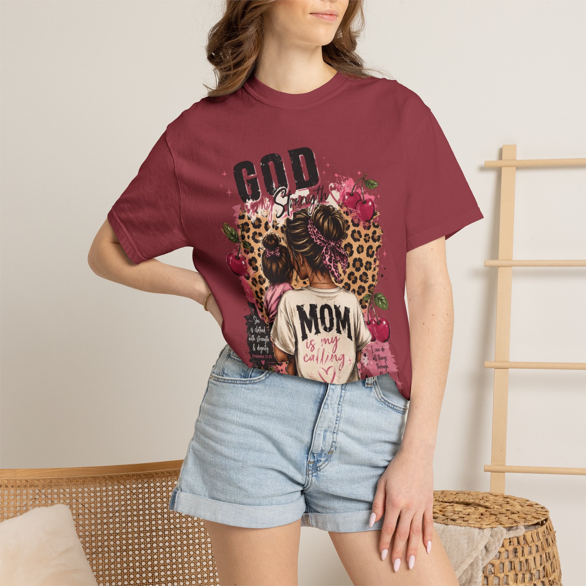 God is My Strength Mom Shirt | Mom Graphic T-shirt, Floral Leopard Back Design
