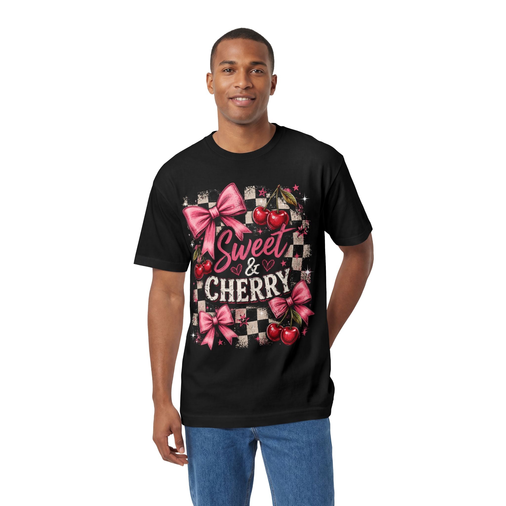 Sweet & Cherry Tee | Cherry Graphic T-Shirt, Pink Bows, Checkerboard