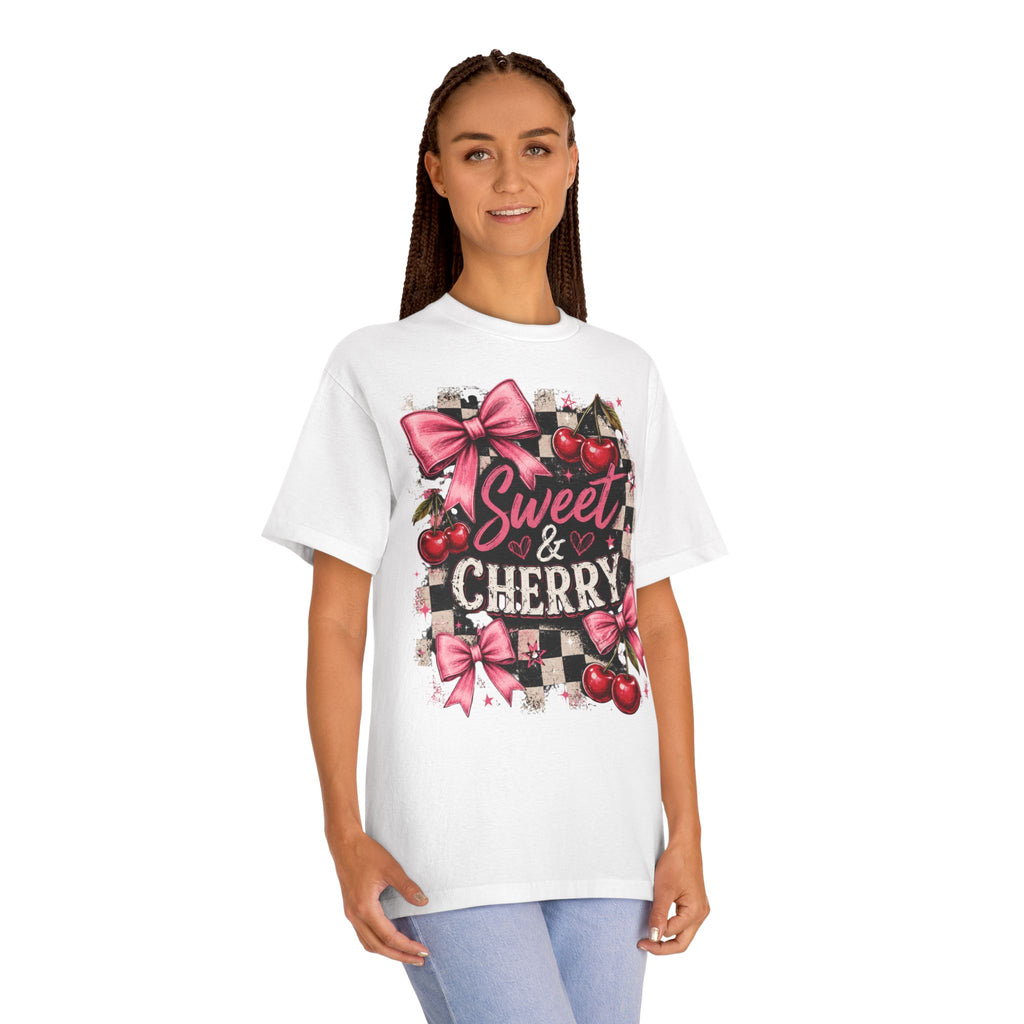 Sweet & Cherry Tee | Cherry Graphic T-Shirt, Pink Bows, Checkerboard