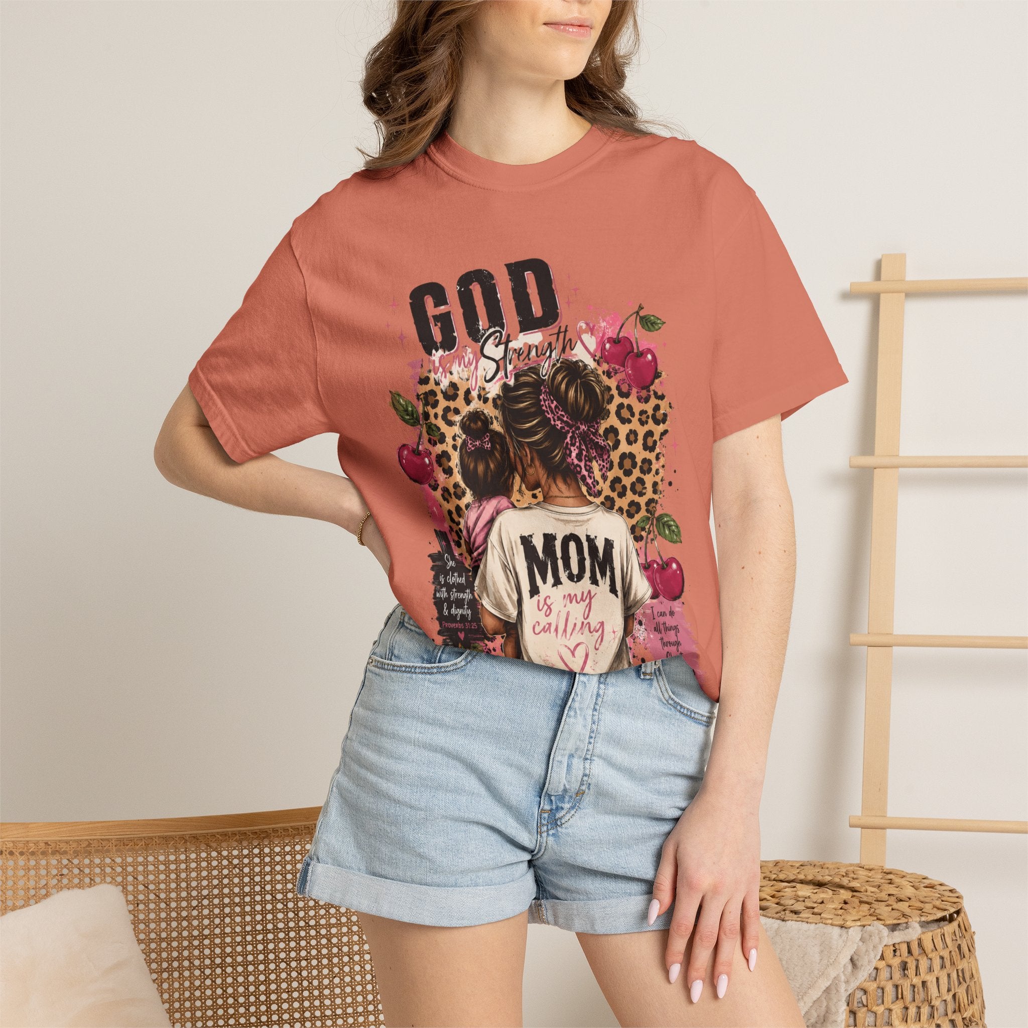 God is My Strength Mom Shirt | Mom Graphic T-shirt, Floral Leopard Back Design