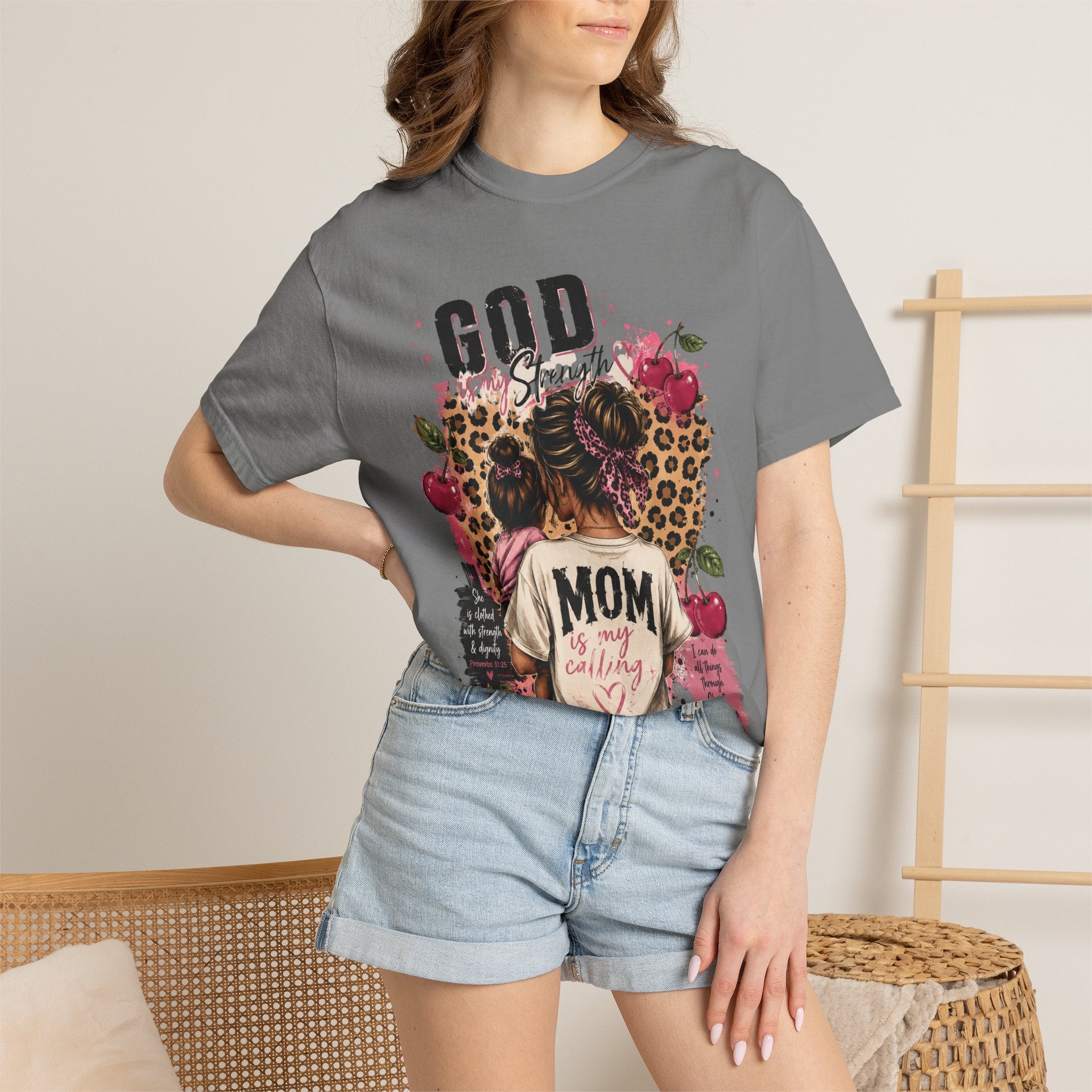 God is My Strength Mom Shirt | Mom Graphic T-shirt, Floral Leopard Back Design