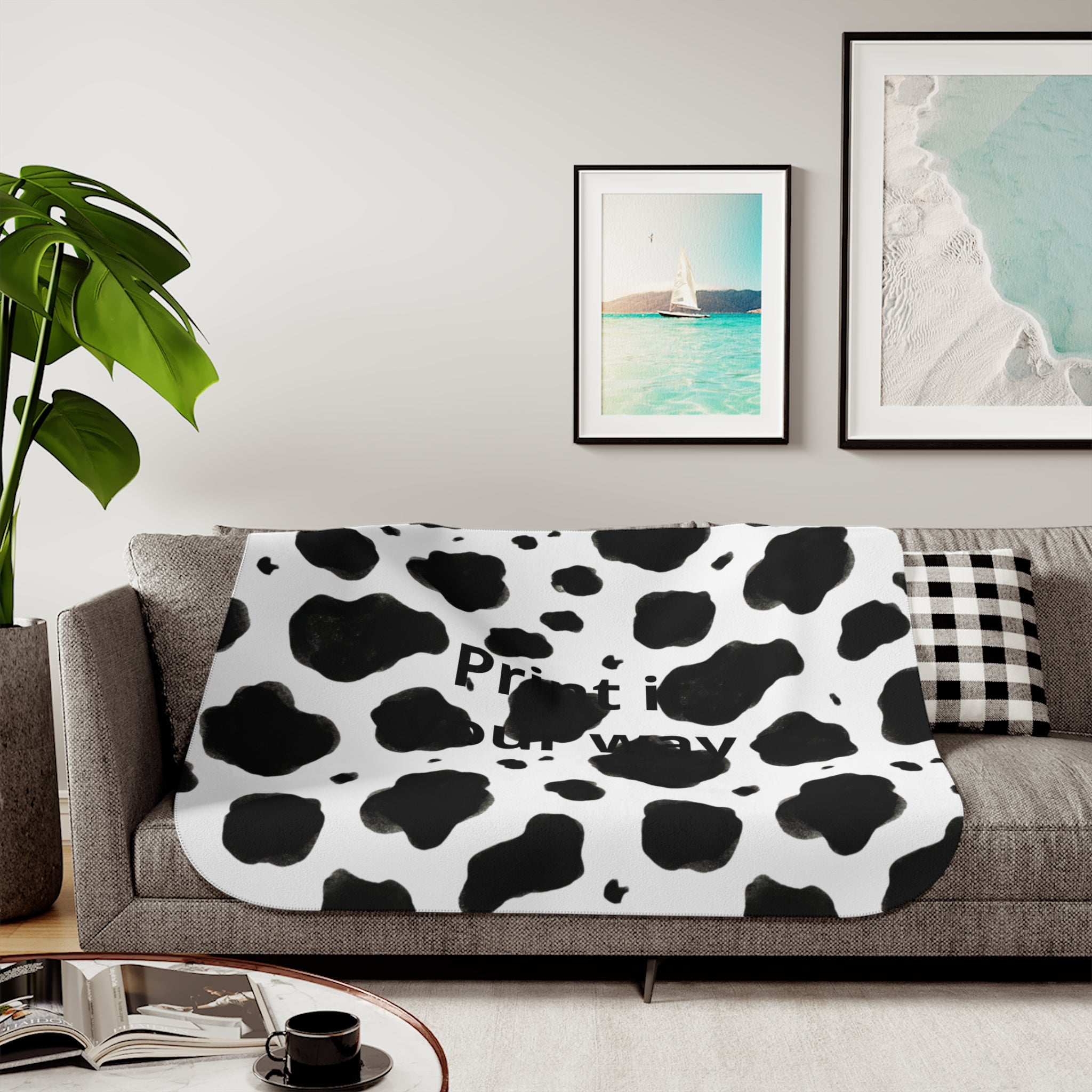 Cow Print Sherpa Blanket | Black White Animal Pattern, Cozy Throw