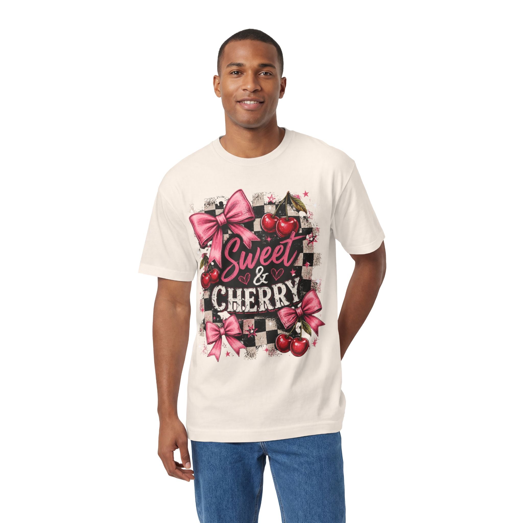 Sweet & Cherry Tee | Cherry Graphic T-Shirt, Pink Bows, Checkerboard