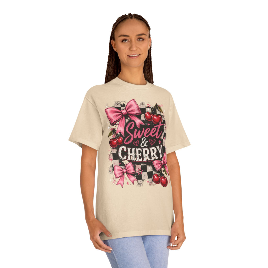 Sweet & Cherry Tee | Cherry Graphic T-Shirt, Pink Bows, Checkerboard