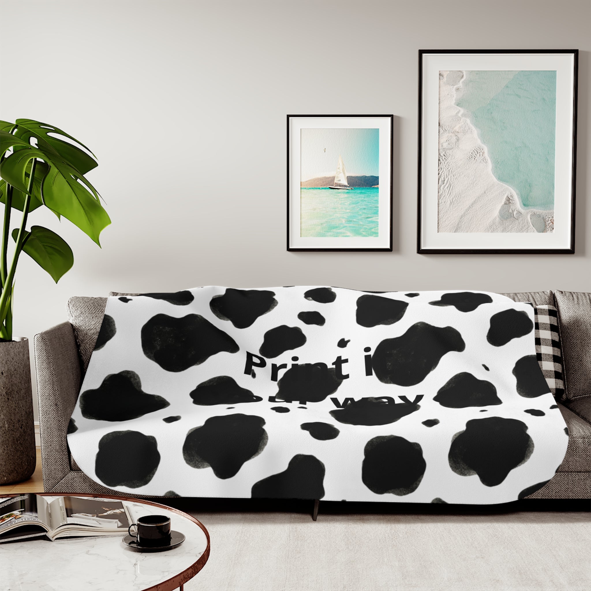 Cow Print Sherpa Blanket | Black White Animal Pattern, Cozy Throw