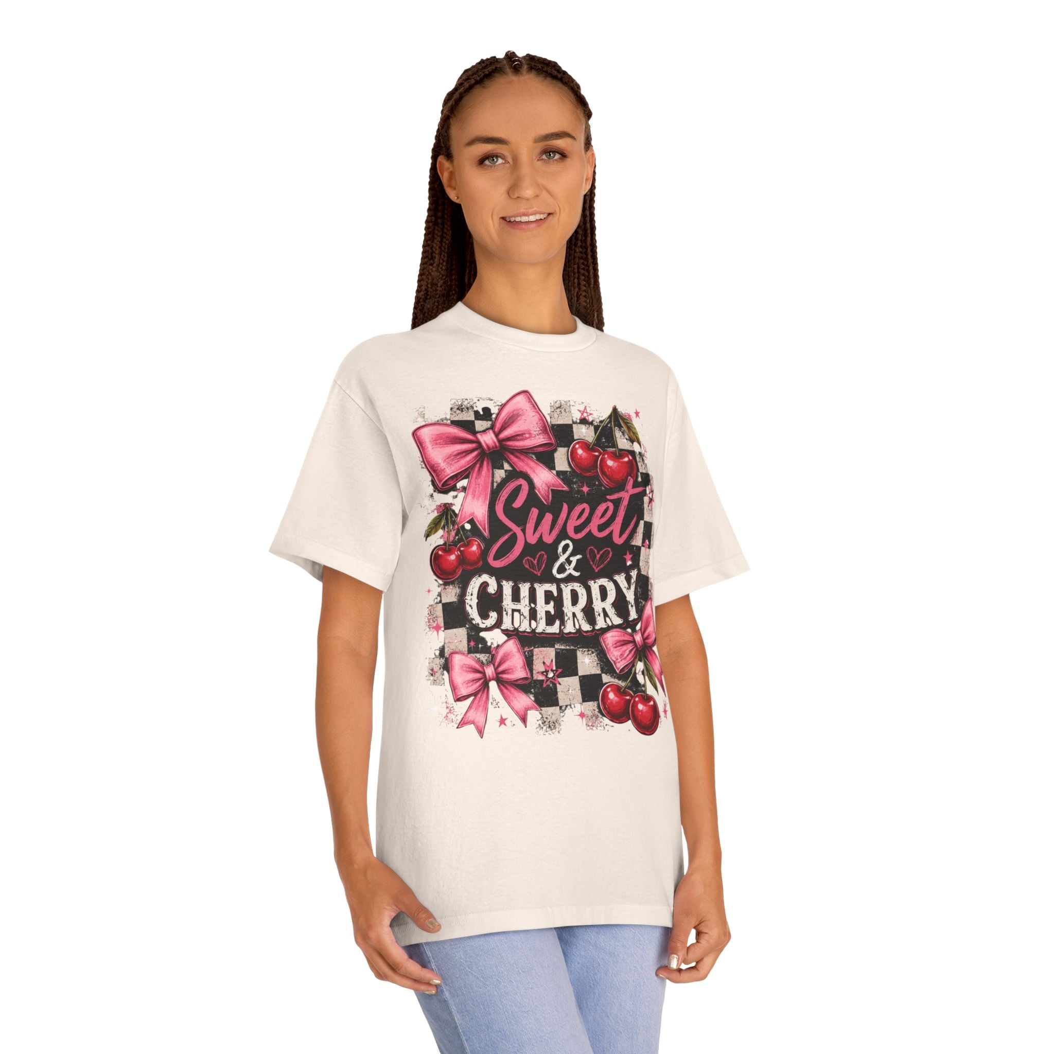 Sweet & Cherry Tee | Cherry Graphic T-Shirt, Pink Bows, Checkerboard