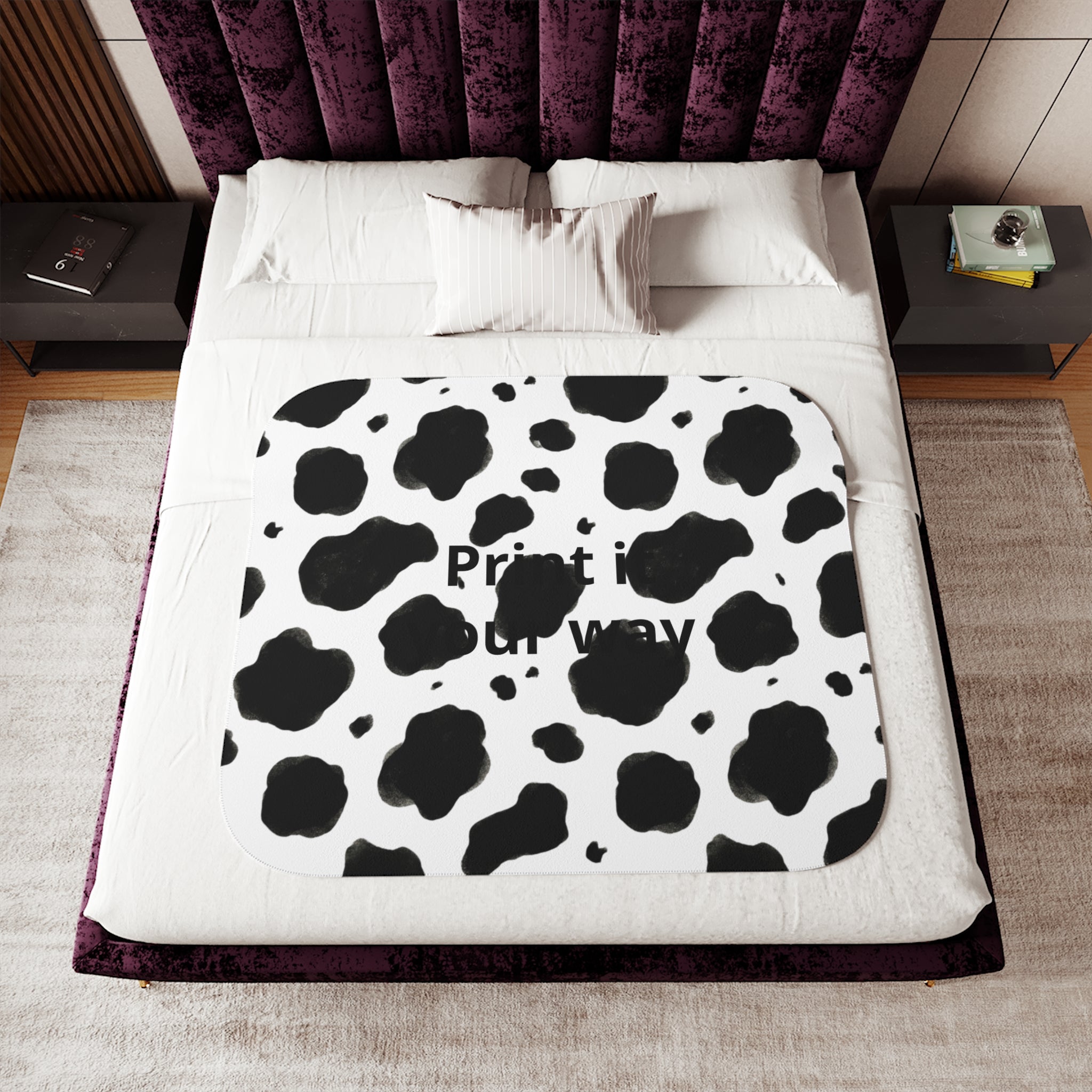 Cow Print Sherpa Blanket | Black White Animal Pattern, Cozy Throw